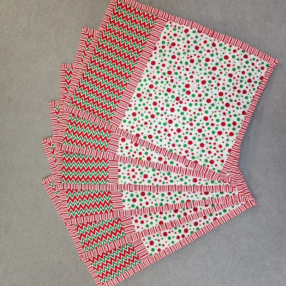 Set Of 6 Handmade Quilted Christmas Placemats Cotton Polka Dots Christmas Lights